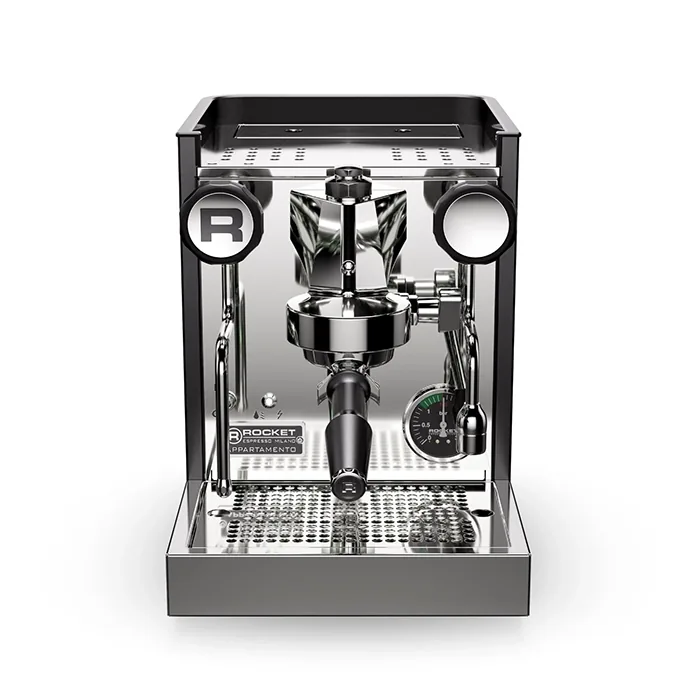 A sleek, Rocket Espresso Appartamento TCA Black, showcasing its streamlined panels and angular E61 group