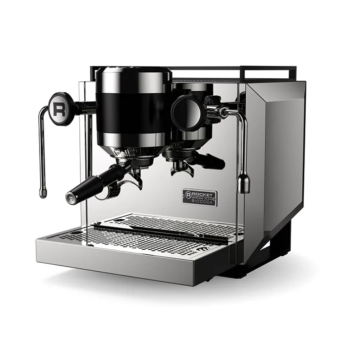 A sleek Rocket Espresso Bicocca espresso machine in black, showcasing its polished chrome and black metal accents