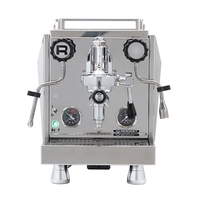 A polished stainless steel Rocket Espresso Giotto Cronometro R espresso machine, showcasing its angular Giotto design