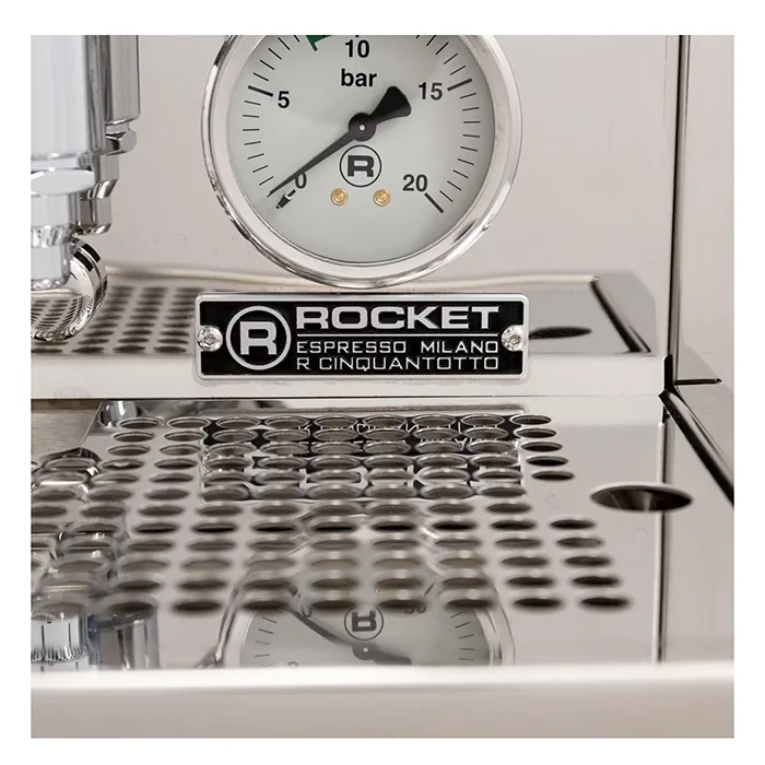 A detailed shot of the E61 grouphead on the Rocket Espresso R Cinquantotto Espresso Machine, highlighting its robust construction and lever