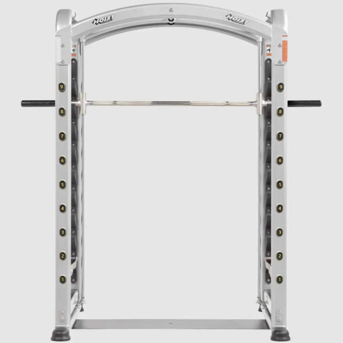 Hoist Smith machine with frictionless guided motion and walk-through design