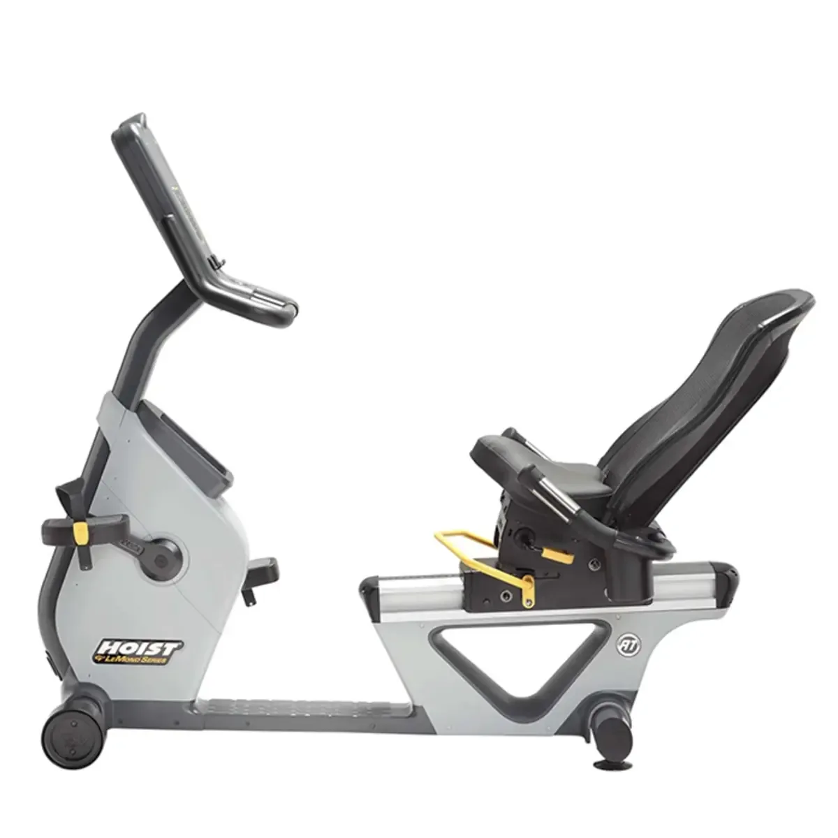 Recumbent exercise bike with walk-through frame and reclining seat