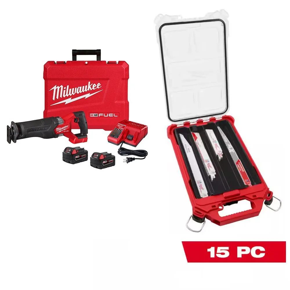 NEW Milwaukee M18 Reciprocating Saw-(2) XC5.0, 15Piece Blade Packout Kit Bundle