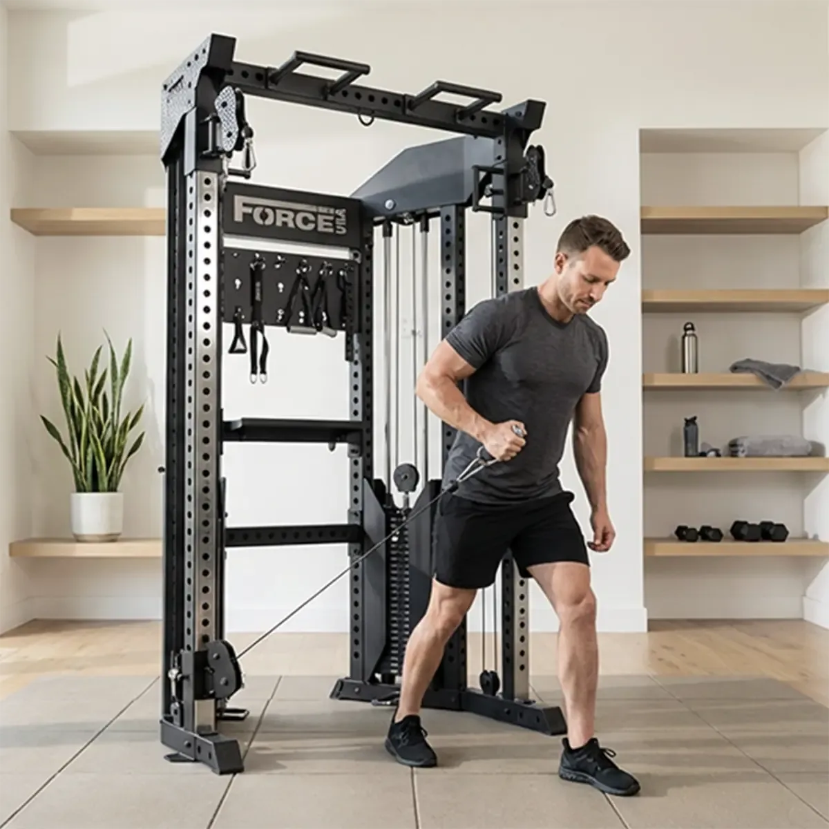 Force USA Compact functional trainer with freestyle pulley arms and built-in storage