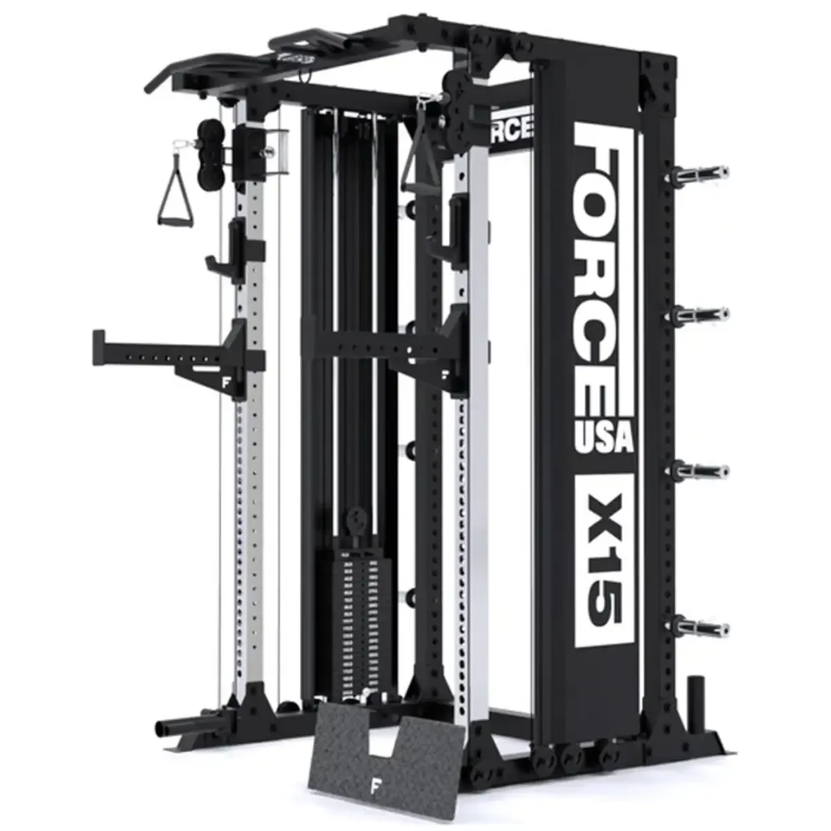 Multi trainer with low row footplate, chin-up bars, and cable pulleys