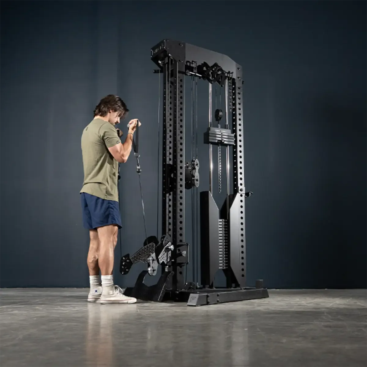 Force USA Compact cable tower with freestyle trolleys and polished aluminum pulleys