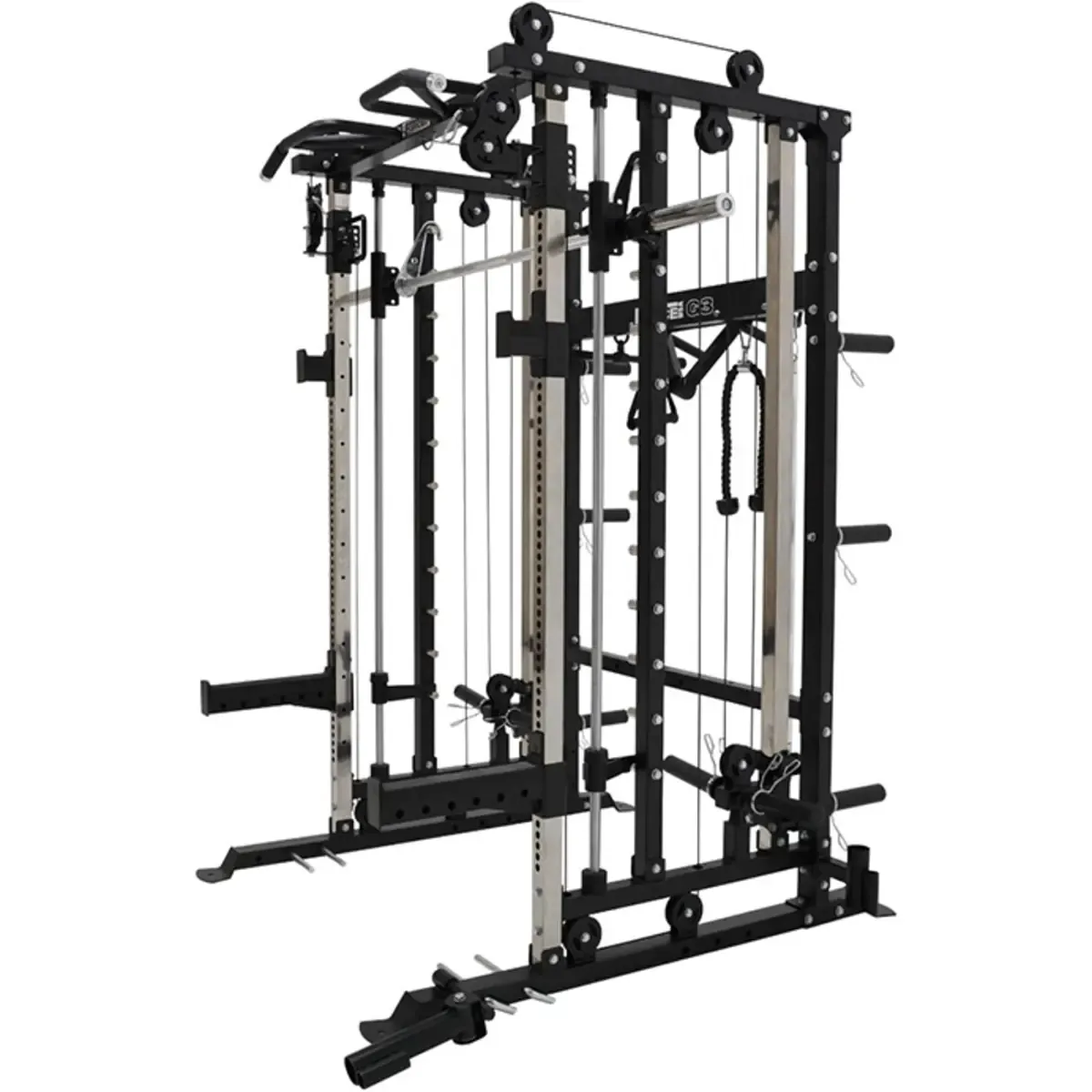 Upgradeable home gym with cable pulleys, chin-up bar, and attachment storage
