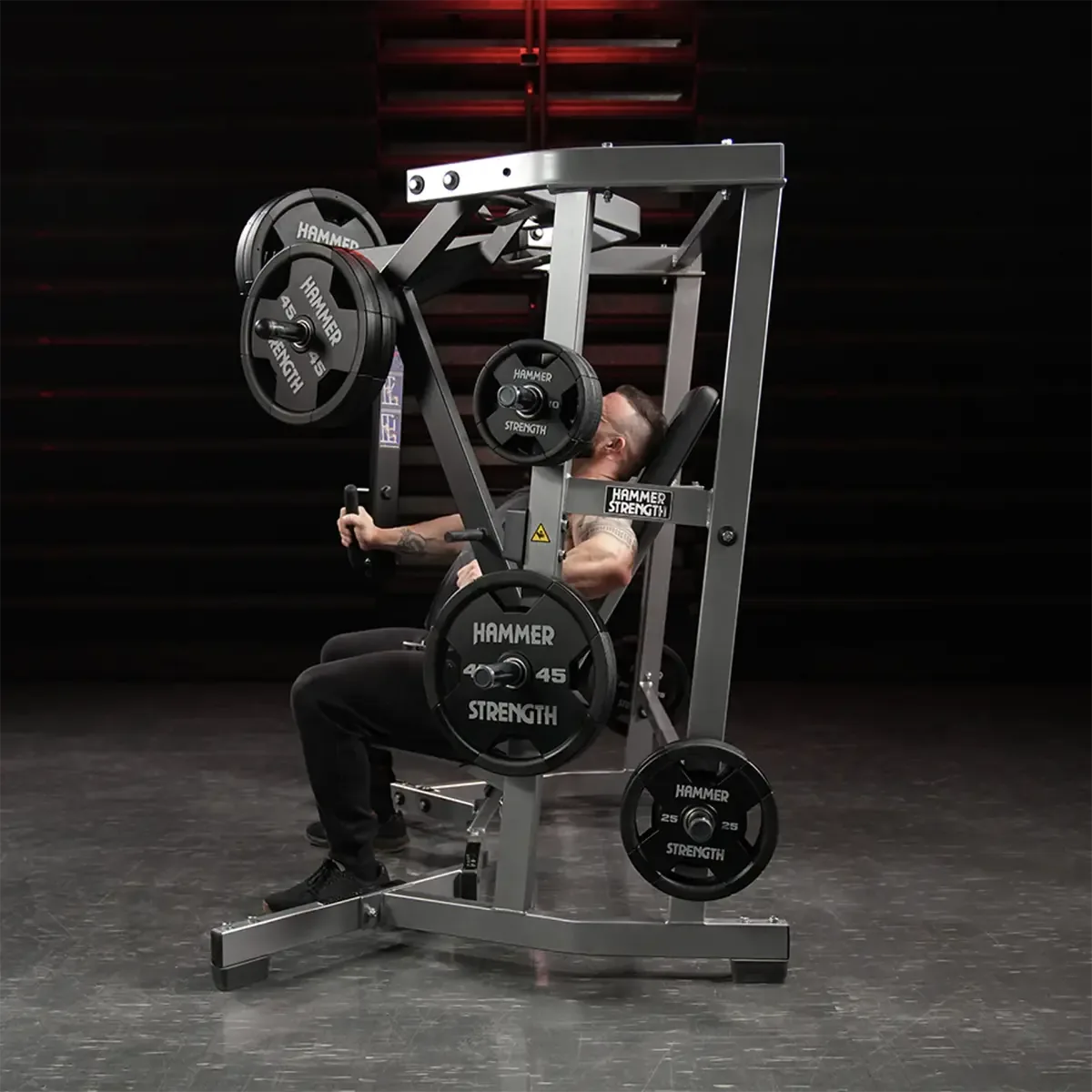 Hammer Strength upright seated chest press with converging arms