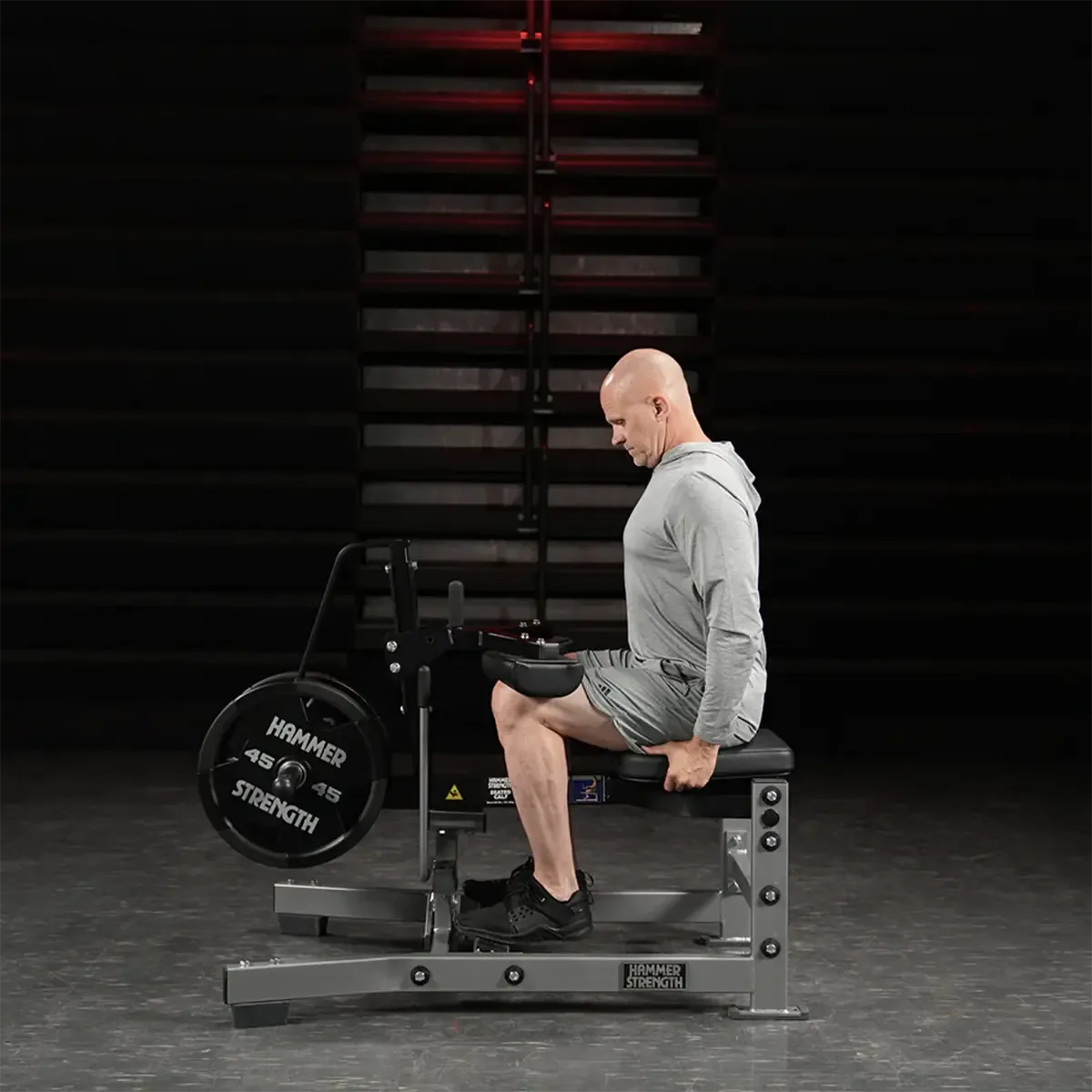 Hammer Strength Plate-loaded seated calf raise with angled foot platform