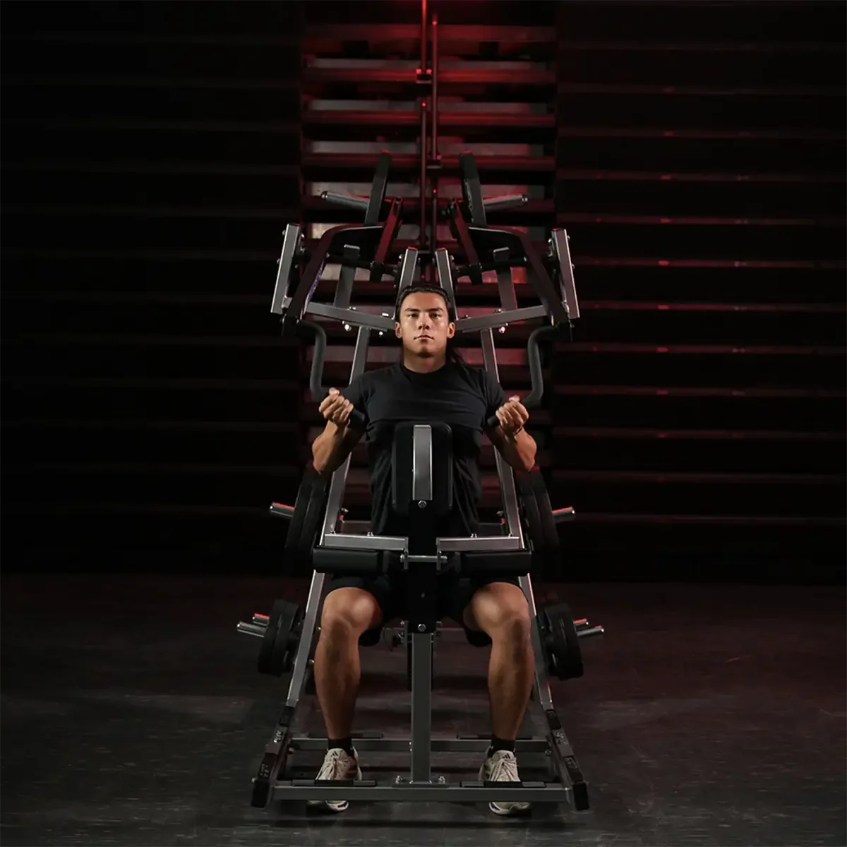 Hammer Strength Iso-Lateral Plate-loaded front lat pulldown with integrated weight storage