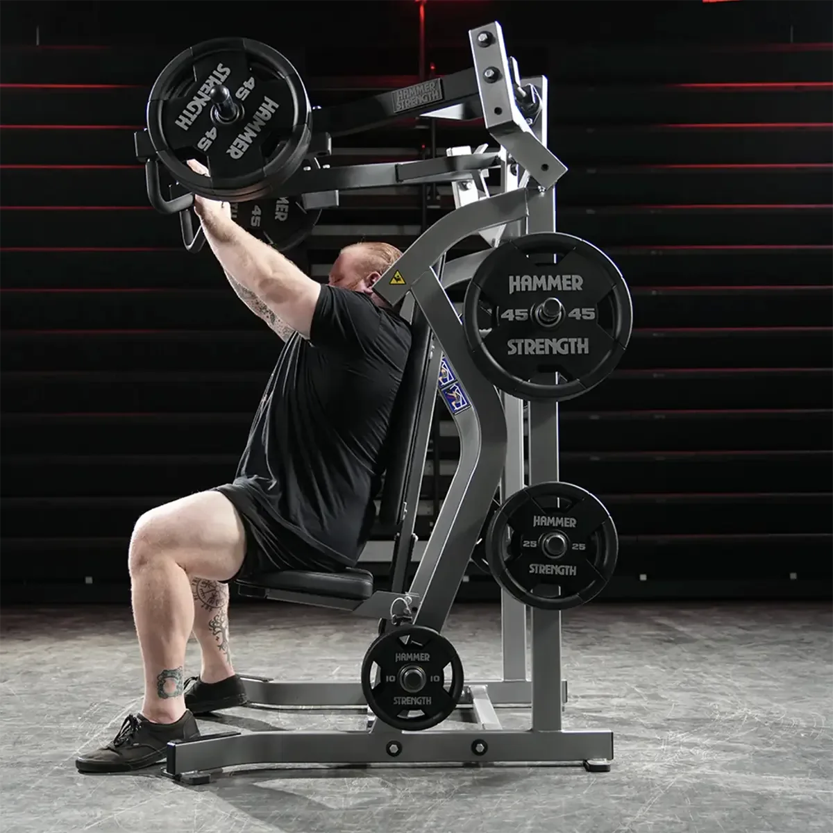 Hammer Strength plate-loaded incline press with integrated weight storage