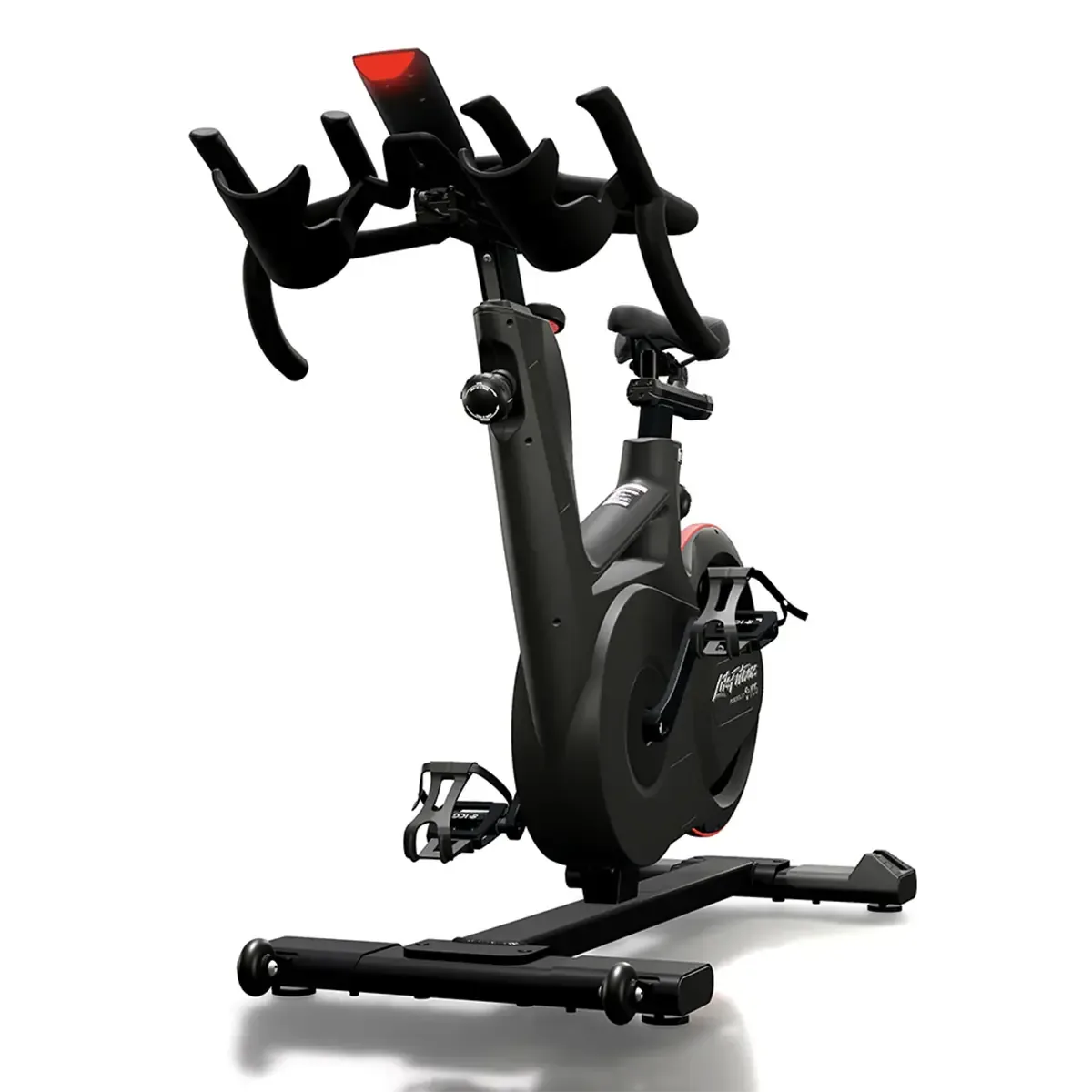 Studio bike with dual-sided SPD pedals and rear aluminum flywheel