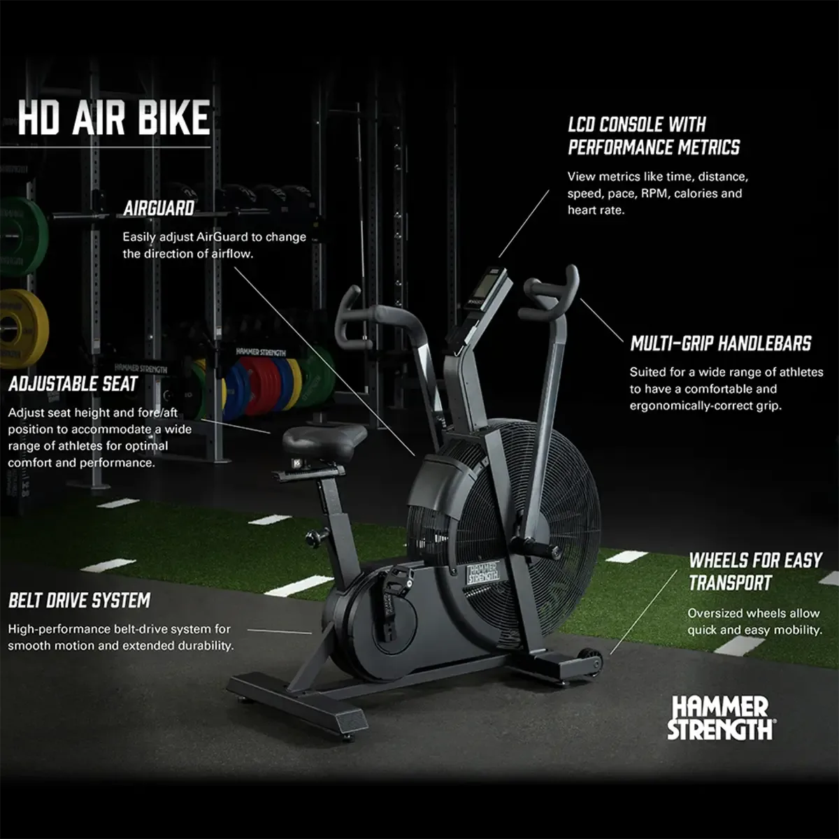 Self-powered air bike with multi-grip handles and adjustable seat