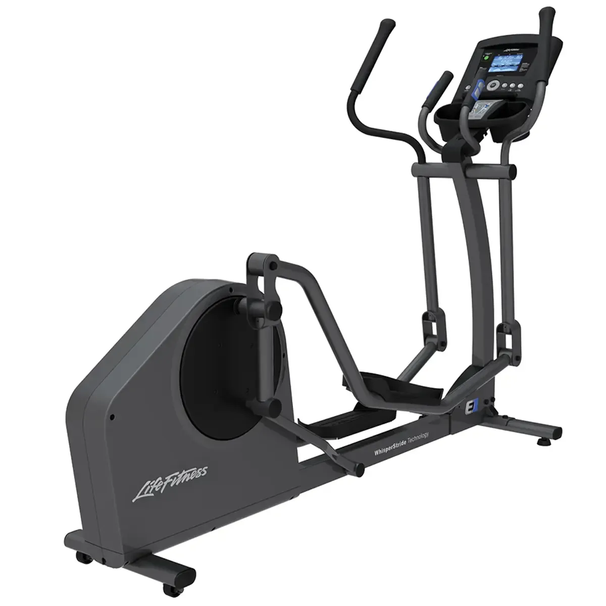 Front view of Life Fitness E1 elliptical with oversized non-slip pedals