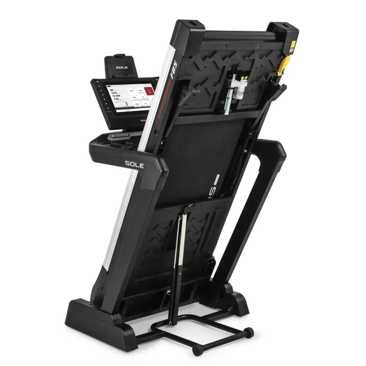 Front view of SOLE F85 treadmill with large running deck and console