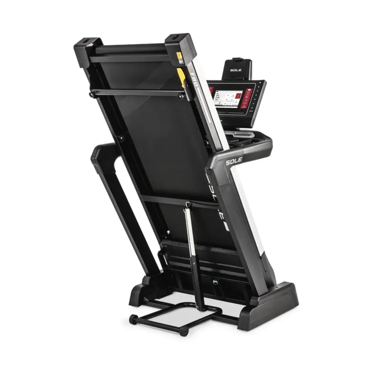 Front view of SOLE F80 home treadmill with wide running deck