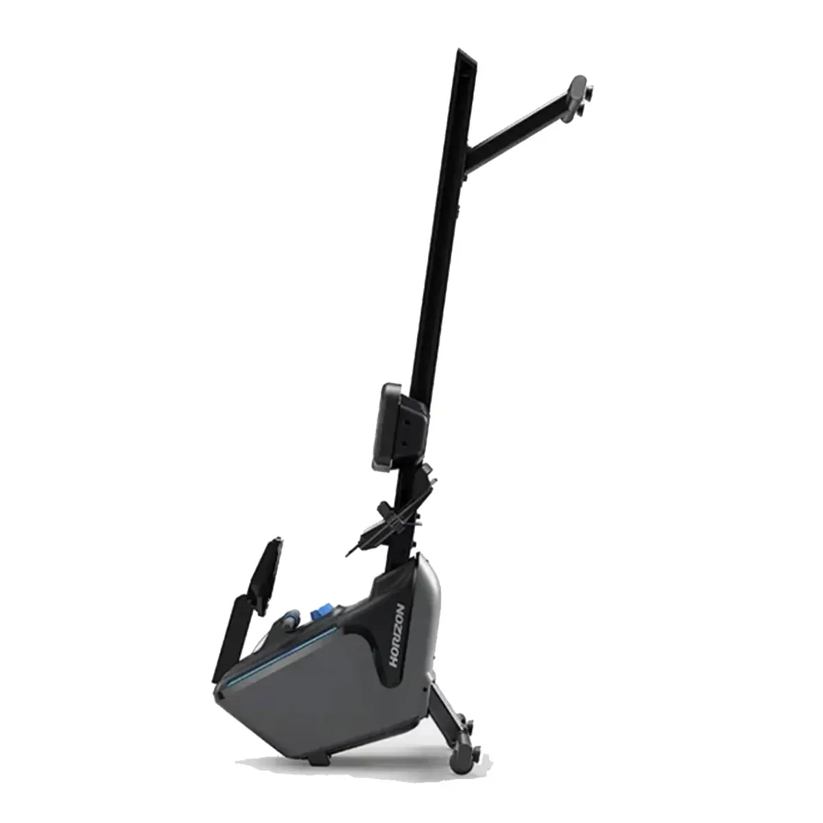 Quiet home rowing machine with compact upright storage