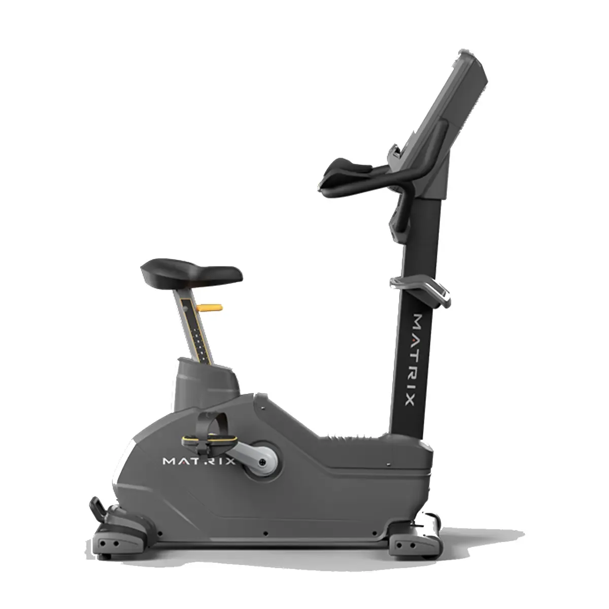 Commercial upright bike with racing design handlebars and elbow support