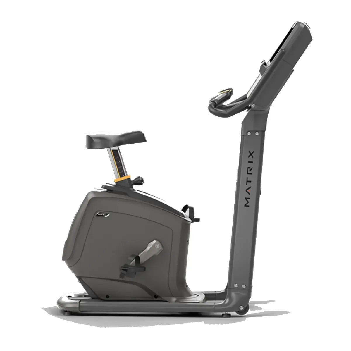 Commercial upright bike with step-through design and adjustable seat