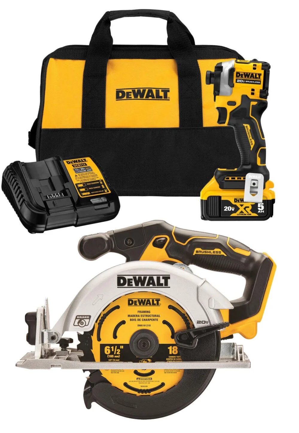 NEW DEWALT 20V MAX 1/4in Impact Driver & 6-1/2in Brushless Cordless Circular Saw Combo Kit Bundle