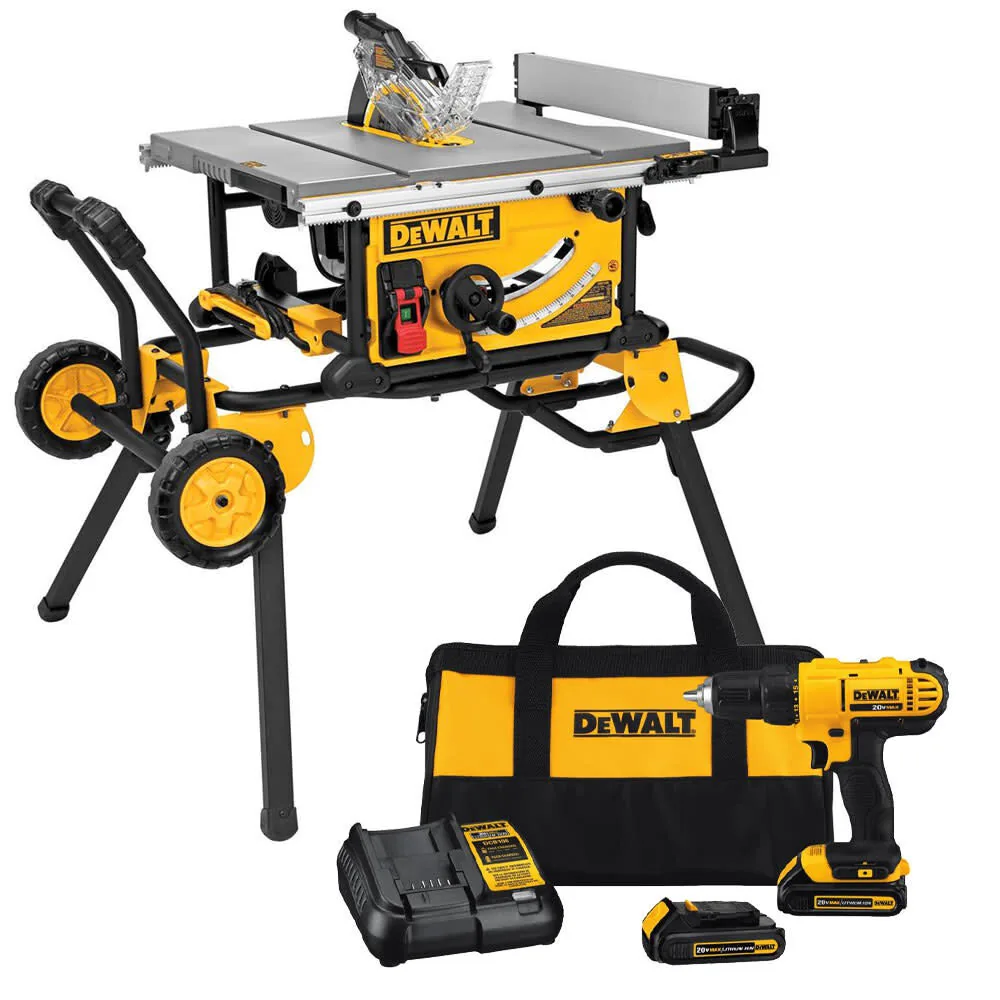 NEW DEWALT 10 Inch Corded Jobsite Table Saw with Rolling Stand & Cordless Drill/Driver Combo Kit Bundle