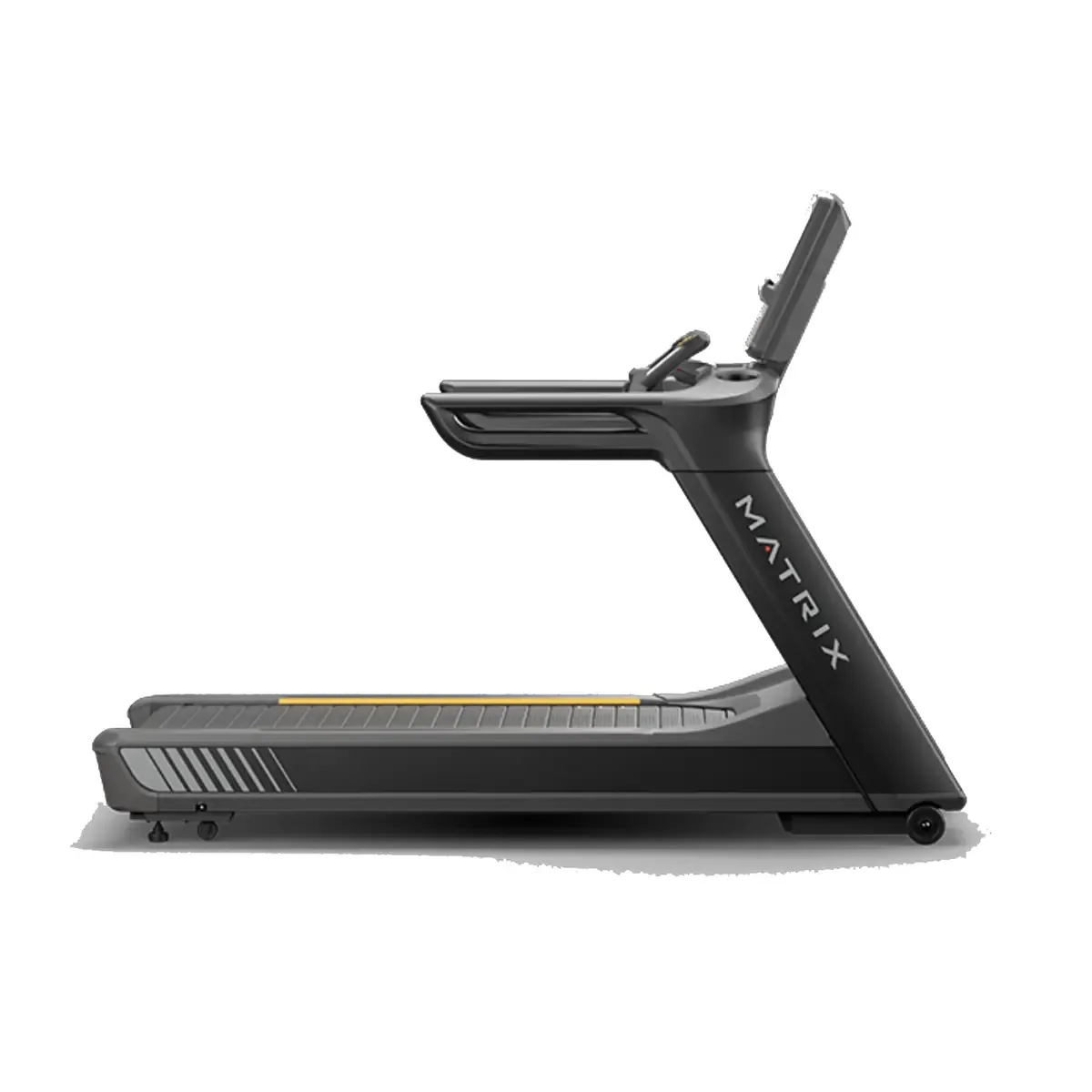 Matrix commercial treadmill with slat-belt running surface