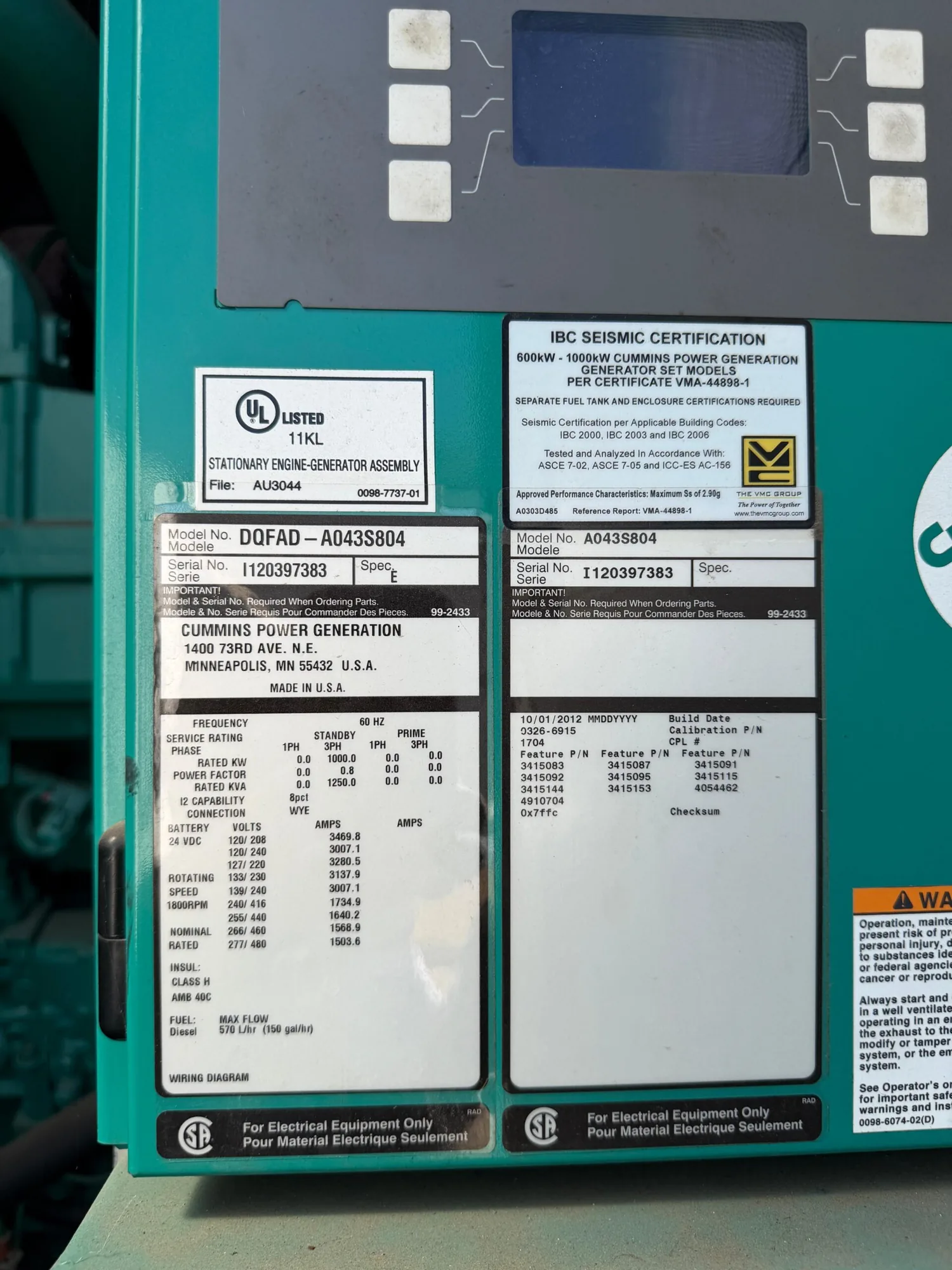 Cummins DQFAD / QST30 – 1000KW Tier 2 Diesel Generator Sets (2 Available)