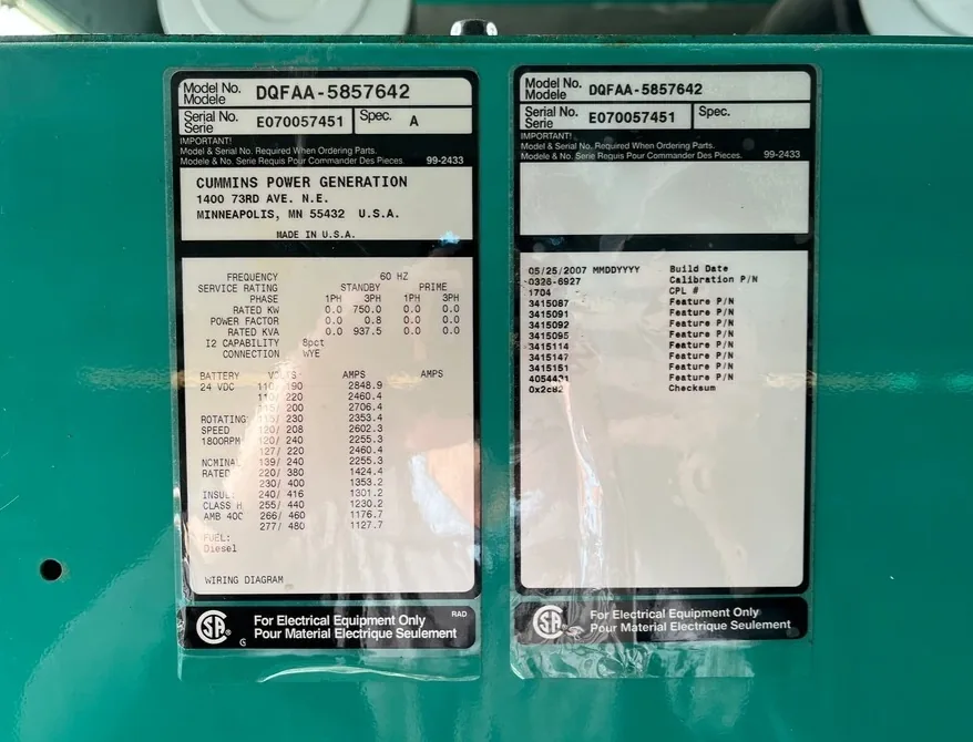 Cummins DQFAA / QST30 – 750KW Tier 2 Diesel Generator Set
