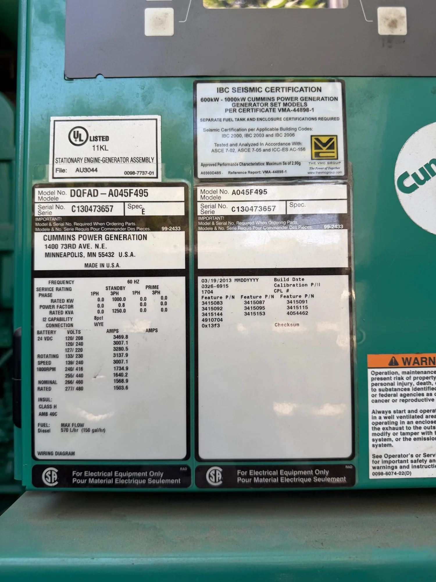 Cummins DQFAD / QST30 – 1000KW Tier 2 Diesel Generator Sets (2 Available)