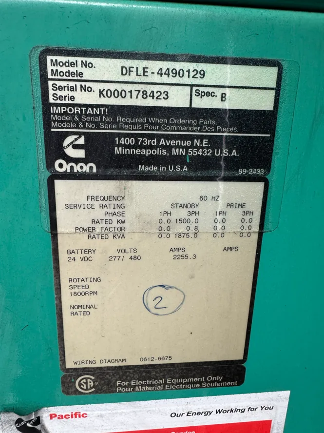 Cummins DFLE/KTA50 – 1500KW Diesel Generator Set (2 Available)