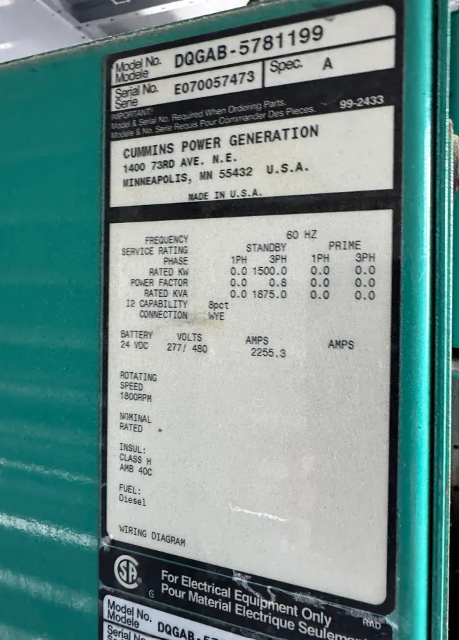 Cummins DQGAB / QSK50 – 1500KW Tier 2 Diesel Generator Set