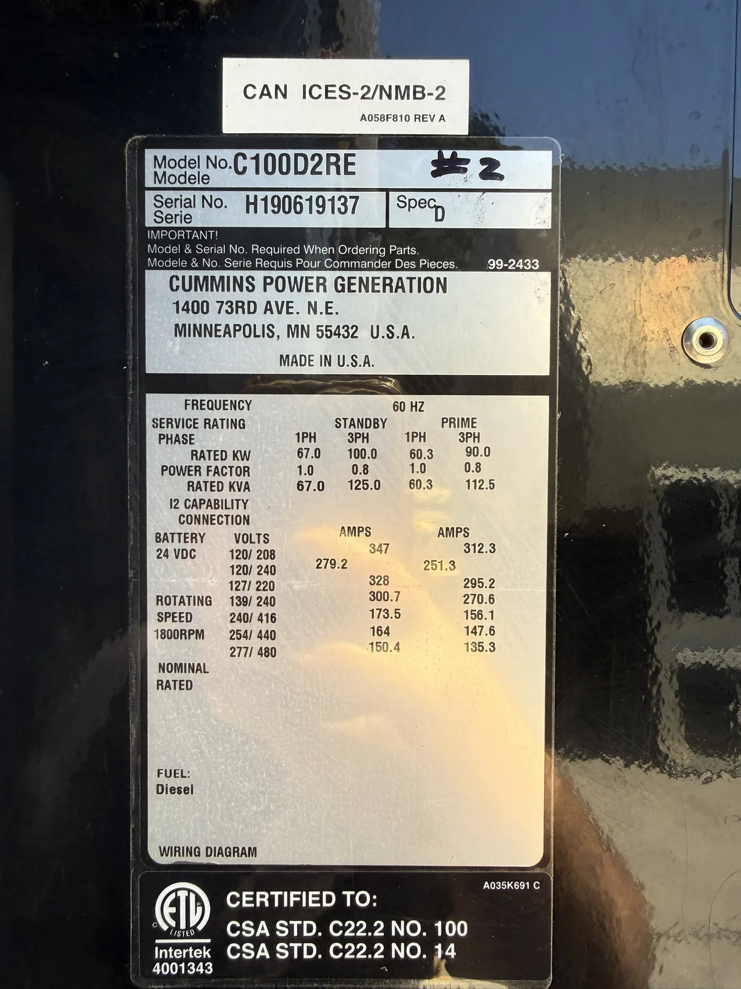 Cummins C100D2RE – 100KW Tier 4 Final Rental Grade Portable Diesel Generator Set