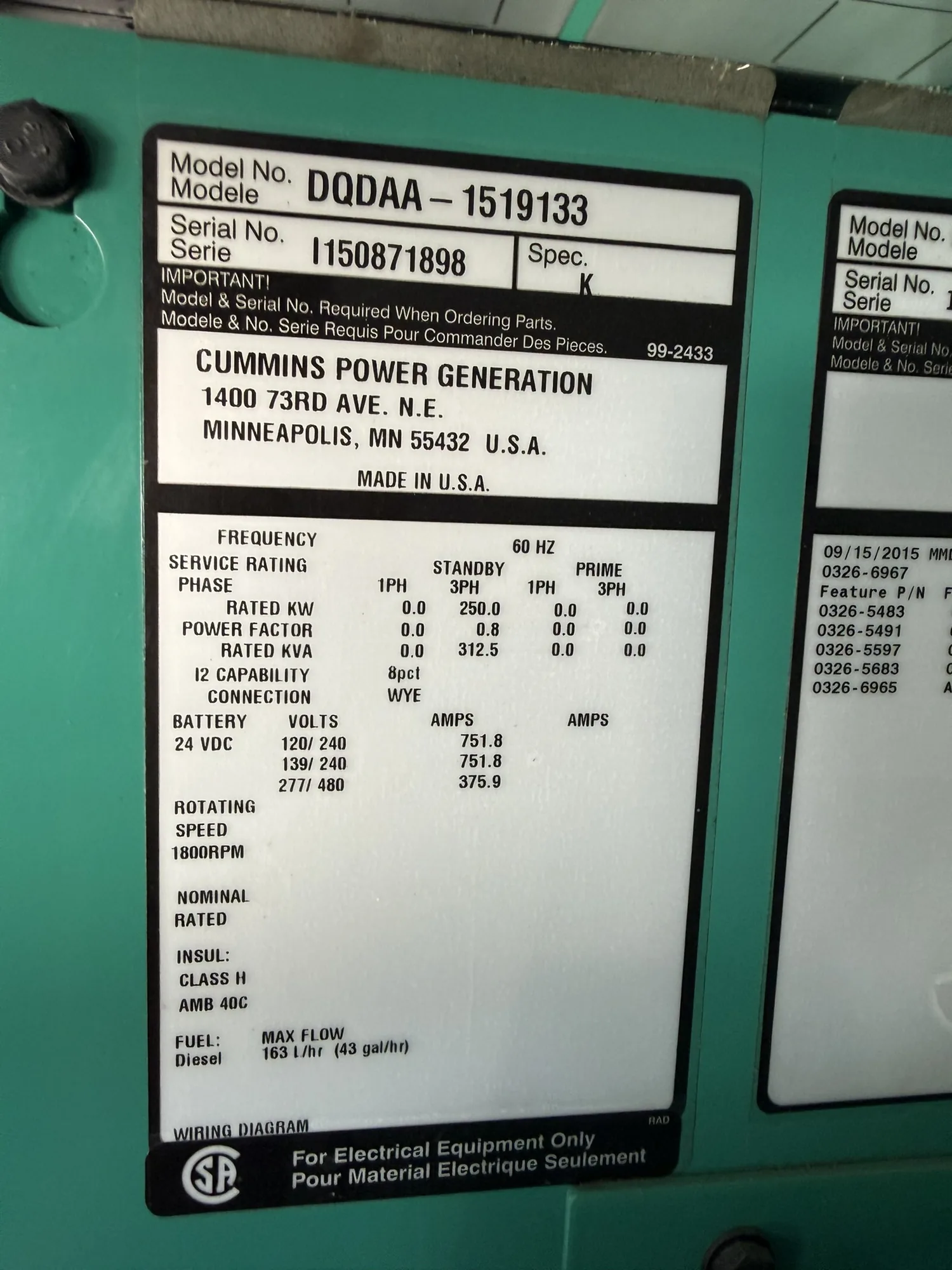 Cummins DQDAA / QSL9 – 250KW Tier 3 Diesel Generator Set