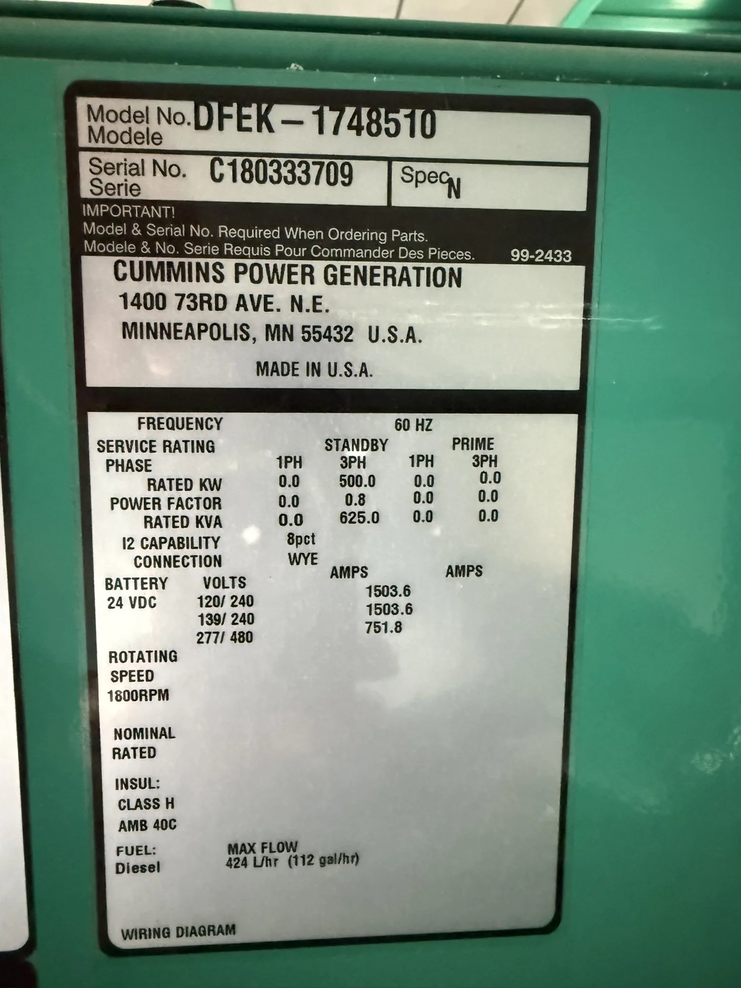 Cummins DFEK / QSX15 – 500KW Tier 2 Diesel Generator Set