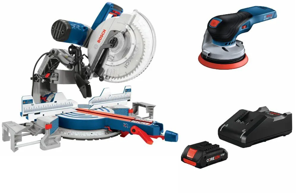 Bosch 12in Dual Bevel Glide Miter Saw & 18V 5in Random Orbit Sander Kit Bundle