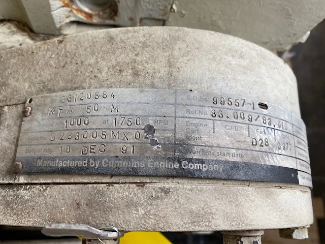 Cummins Engine Company KTA 50 M diesel engine; nameplate shows 1000 at 1750 RPM and Date of mfg 10 DEC 91